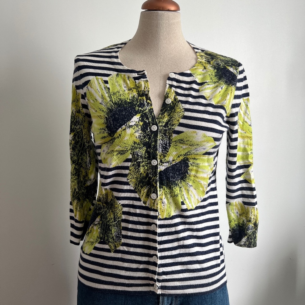 Joseph A - Dark Blue Stripped Button Down Cardigan with Green Flowers